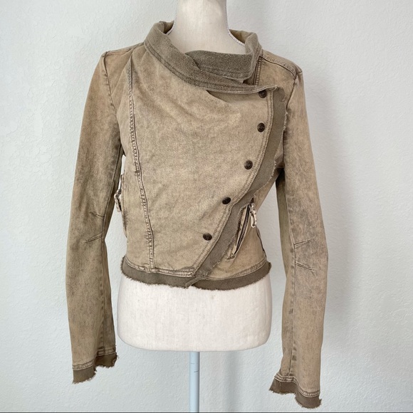 FREE PEOPLE COWL NECK BUTTON UP MOTO MILITARY JEAN JACKET SMALL - Picture 1 of 7